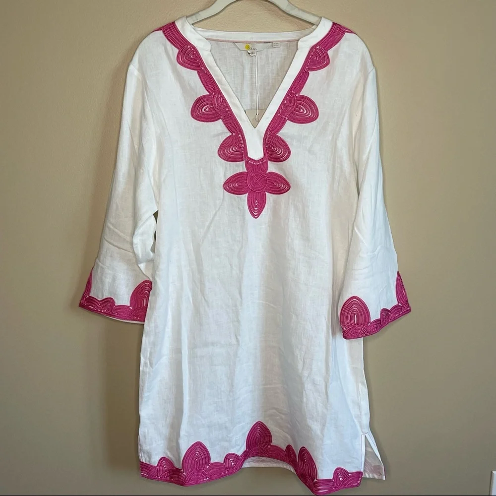 Boden Bella Embroidered Linen Dress Size US 4 Regular in White/Pink - Picture 2 of 9